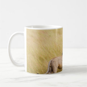 BROWN LION ON GRASS FIELD DURING DAYTIME COFFEE MUG
