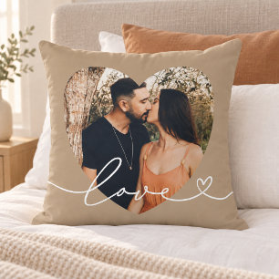 Brown Love Script Heart Photo Couple Cushion