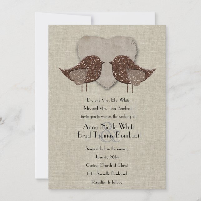 Brown Lovebirds Linen Style Wedding Invitation (Front)