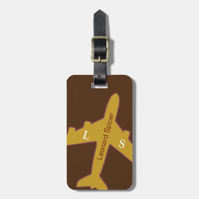 brown luggage tag personalised with name (Front Vertical)