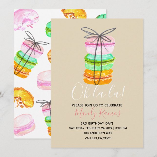 Brown macaron french birthday invite (Front/Back)