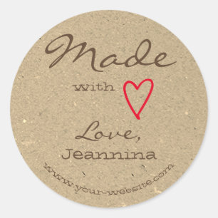 Brown Made with Love Red Heart Symbol Grey Paper Classic Round Sticker