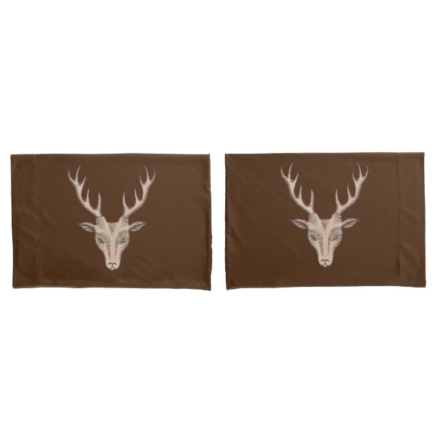 Brown Mail Deer Head Black Etched Face Antlers Pillowcase (Front-Set)