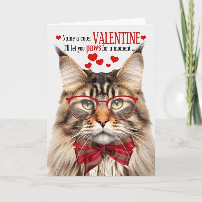 Brown Maine Coon Tabby Cat Humour Valentine's Day Holiday Card (Front)