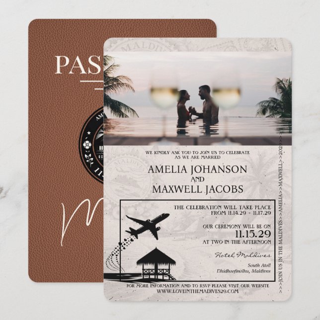 Brown Maldives Passport Wedding Invitation (Front/Back)