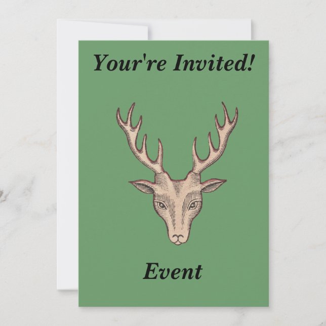 Brown Male Deer Head Big Antlers Green Invitation (Front)