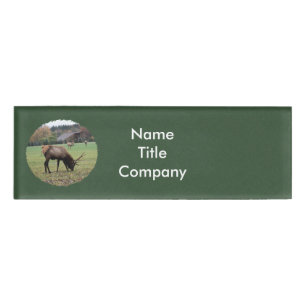 Brown Male Elk Antler Grazing Photograph on Green Name Tag