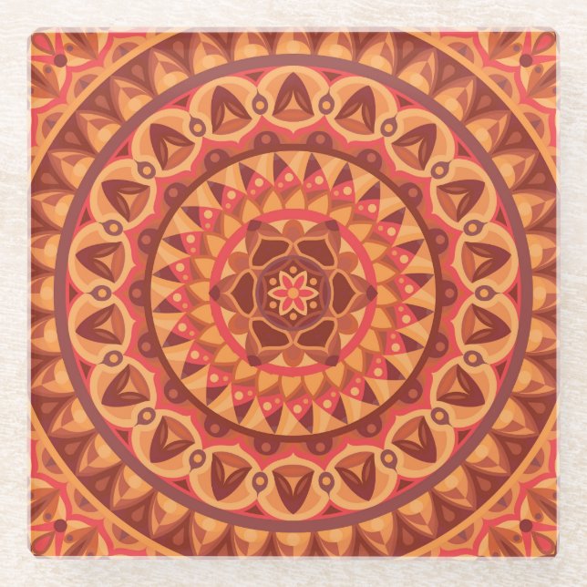 Brown Mandala Earthy Boho Pattern Neutral Decor Glass Coaster (Front)