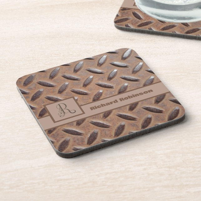Brown Manhole Cover Pattern, Monogram Name & Title Coaster (Left Side)