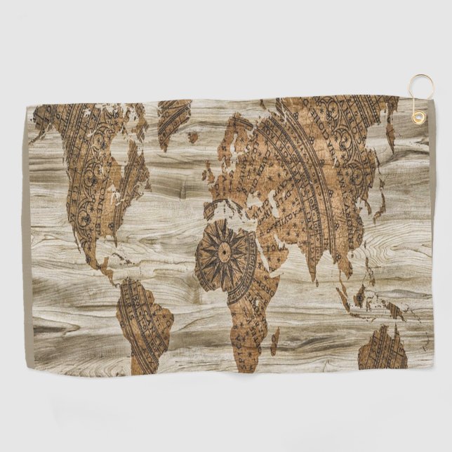 Brown map of the world print golf towel (Horizontal)
