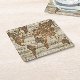 Brown map of the world print square paper coaster