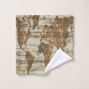 Brown map of the world print wash cloth
