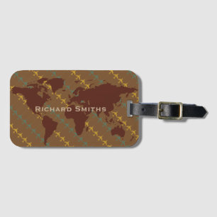 brown map of world, aeroplane travel personalised luggage tag