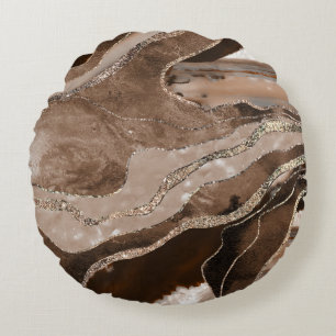 Brown Marble Agate Gold Glitter Glam #1  Round Cushion