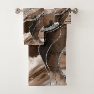 Brown Marble Agate Silver Glitter Glam #1  Bath Towel Set