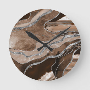 Brown Marble Agate Silver Glitter Glam #1  Round Clock