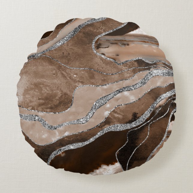 Brown Marble Agate Silver Glitter Glam #1  Round Cushion (Front)