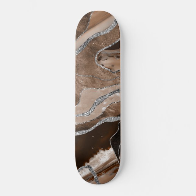 Brown Marble Agate Silver Glitter Glam #1  Skateboard (Front)