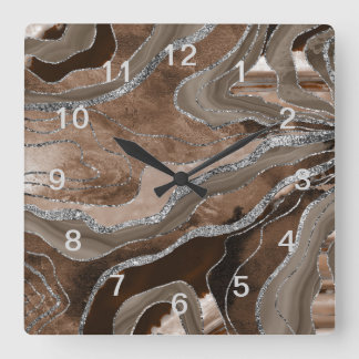 Brown Marble Agate Silver Glitter Glam #2 Square Wall Clock