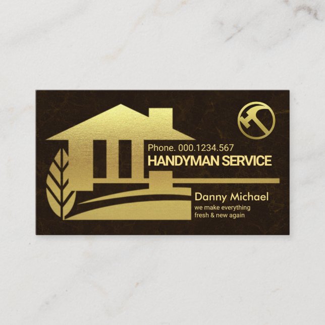 Brown Marble Texture Gold Home Landscape, Handyman Business Card (Front)