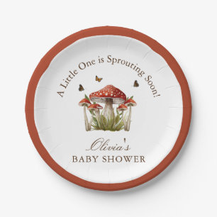 Brown Maroon Mushroom Butterfly Theme Baby Shower Paper Plate