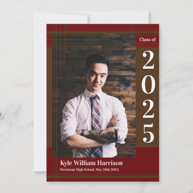 Brown Maroon School Colour Graduation Photo Plaid Invitation (Front)