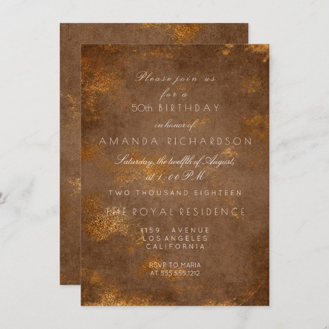 Brown Maroon Sepia Distressed Grungy Gold Birthday Invitation (Front/Back)