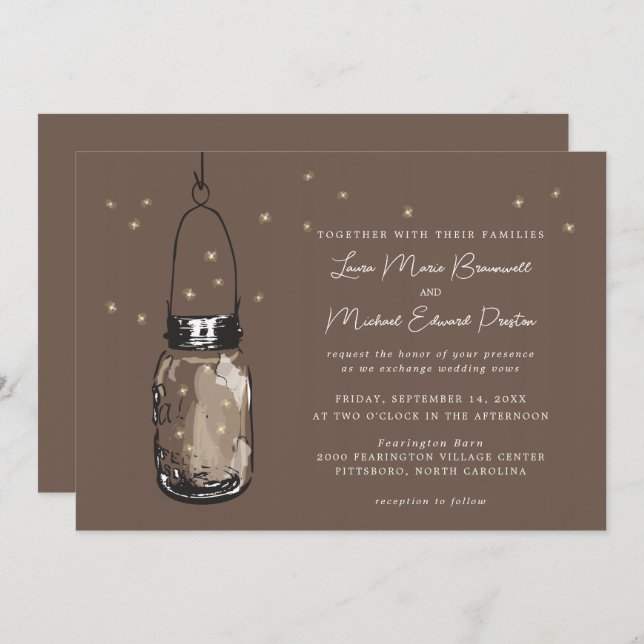 Brown Mason Jar Fireflies Wedding Invitation (Front/Back)