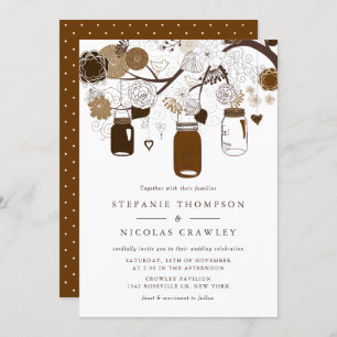 Brown Mason Jars  Floral Autumn Wedding Invitation