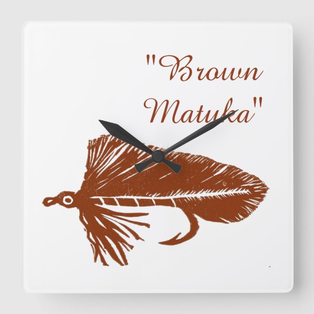 Brown matuka streamer for fly tying and fishing square wall clock (Front)
