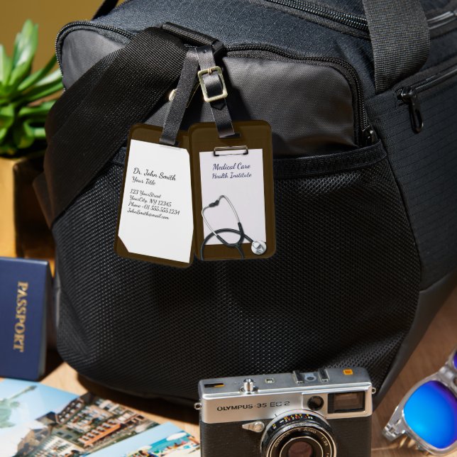 Brown Medical Clipboard with Stethoscope Luggage Tag (Front & Back)