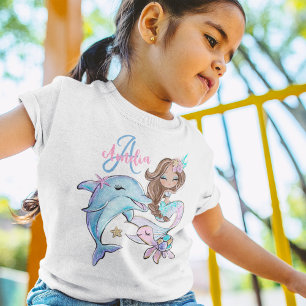 Brown Mermaid Custom Kids Name Pink Girl T-Shirt