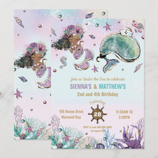 Brown Mermaid Whale Pirate Twins Joint Birthday Invitation (Front/Back)