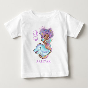 Brown Mermaid with Dolphin Birthday Baby T-Shirt