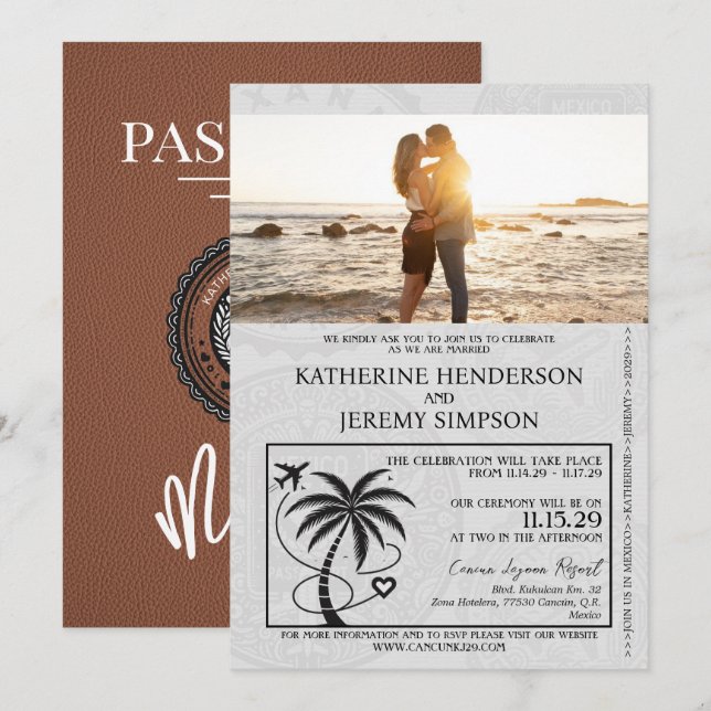 Brown Mexico Passport Wedding Invitation (Front/Back)