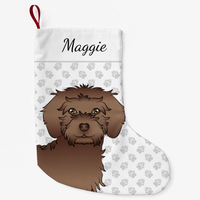 Brown Mini Goldendoodle Cartoon Dog Head & Name Small Christmas Stocking (Front)