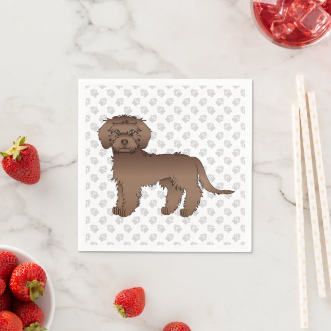 Brown Mini Goldendoodle Cute Cartoon Dog & Paws Napkin (Insitu)