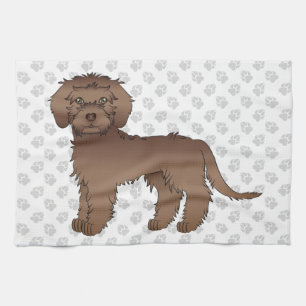 Brown Mini Goldendoodle Cute Cartoon Dog & Paws Tea Towel