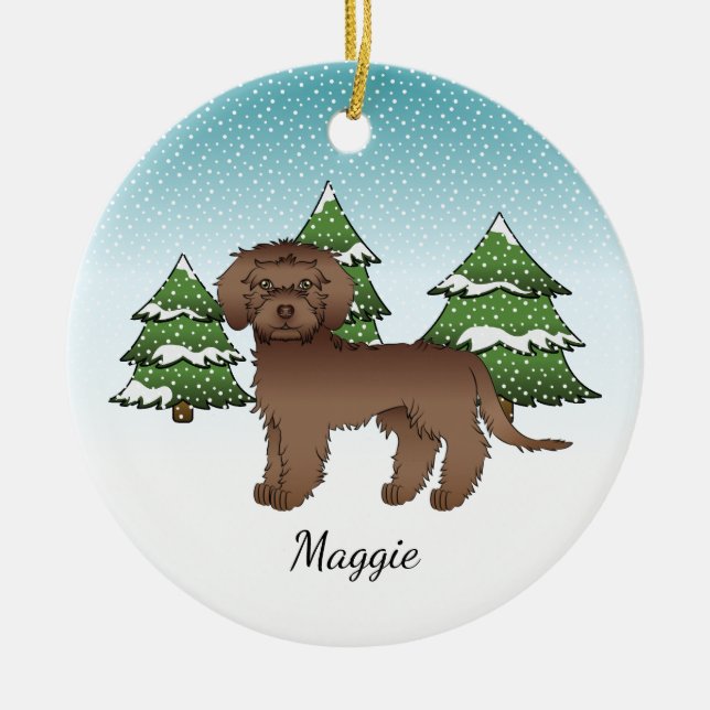 Brown Mini Goldendoodle - Winter Forest & Name Ceramic Tree Decoration (Front)