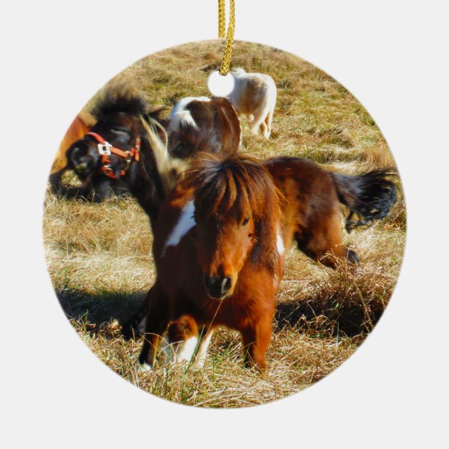 Brown miniature horses running ceramic tree decoration (Front)