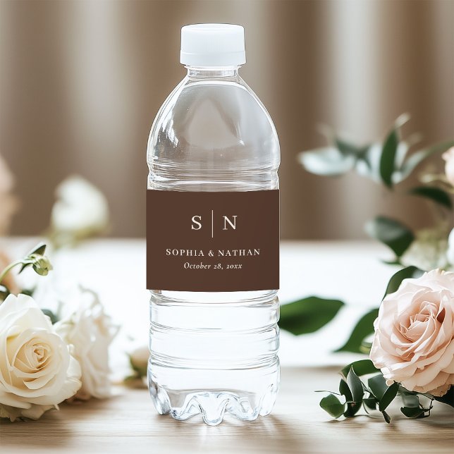 Brown Minimal and Chic | Monogram Wedding Water Bottle Label (Creator Uploaded)
