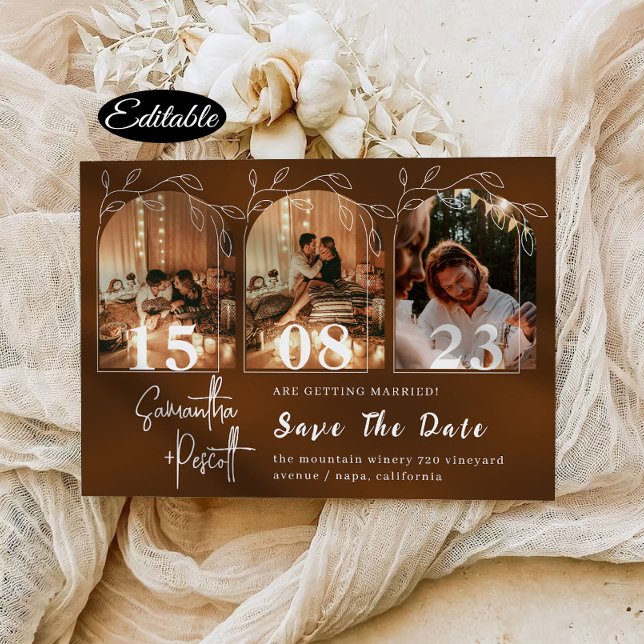 Brown Minimal Arch Save The Date Photo Collage Invitation (Creator Uploaded)