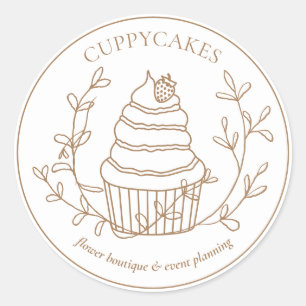 Brown Minimal Floral Bakery Strawberry Cupcake Classic Round Sticker