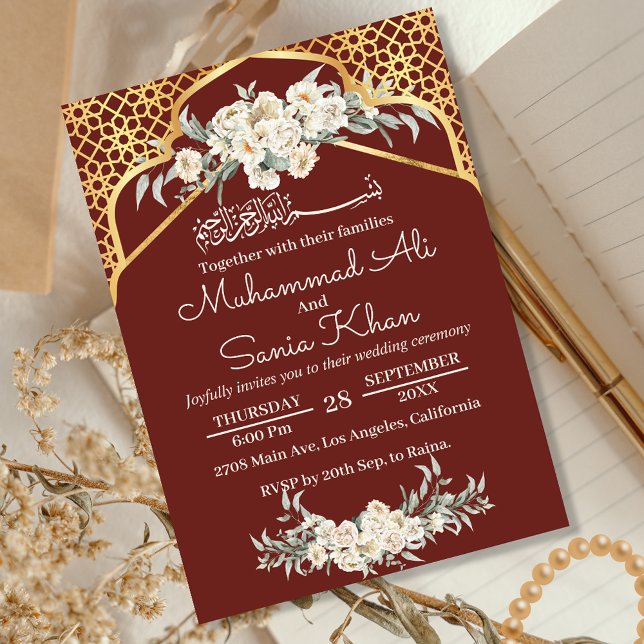 Brown Minimal Floral Gold  Islamic Muslim Wedding Invitation (Creator Uploaded)