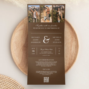 Brown Minimal Photo Collage QR Code Wedding Tri-Fold Invitation