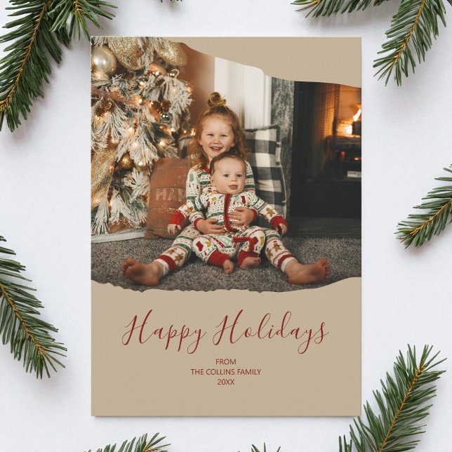 Brown Minimalist 2 Photo Happy Holidays Christmas Holiday Card (Brown Minimalist 2 Photo Happy Holidays Christmas Holiday Card)