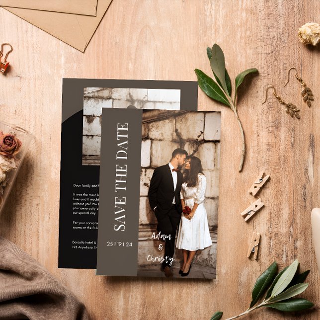 Brown Minimalist Black Photo Personalised Wedding  Invitation (Creator Uploaded)