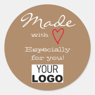 Brown Minimalist Made with Love Red Heart Logo  Classic Round Sticker