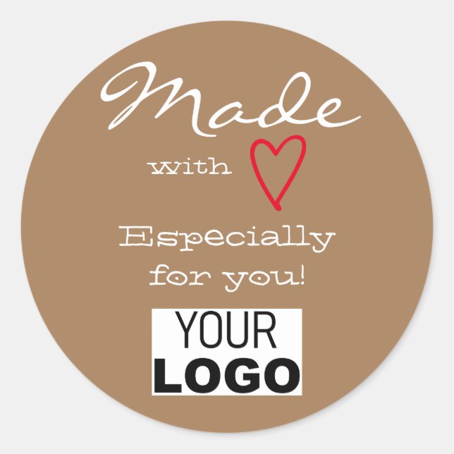 Brown Minimalist Made with Love Red Heart Logo  Classic Round Sticker (Front)