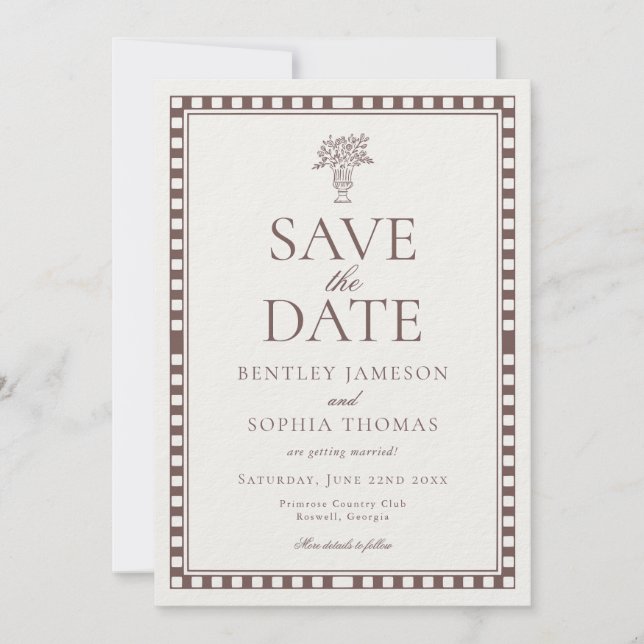Brown Mocha Harlequin Checkered Save the Date Invitation (Front)